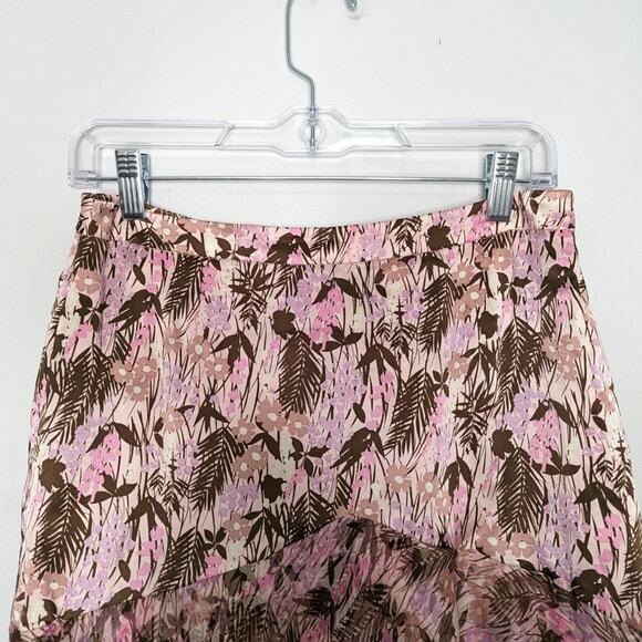 Fray Pink Palm Leaf Print Silk Layered Mini Skirt Side Zip Size 4 - Picture 5 of 10